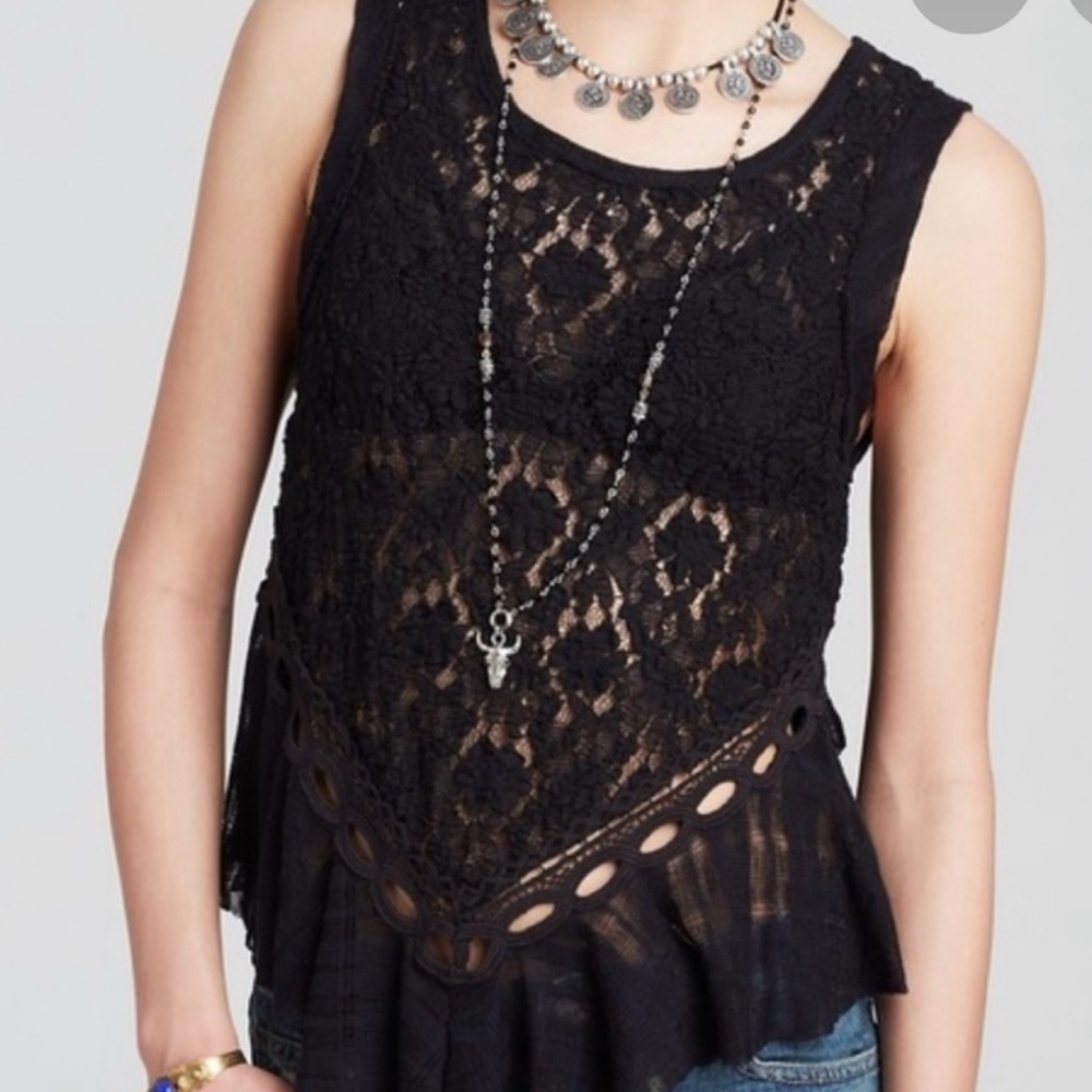 Free People Dark Bloom Black Lace Ruffle Sleeveless Tank Top XS